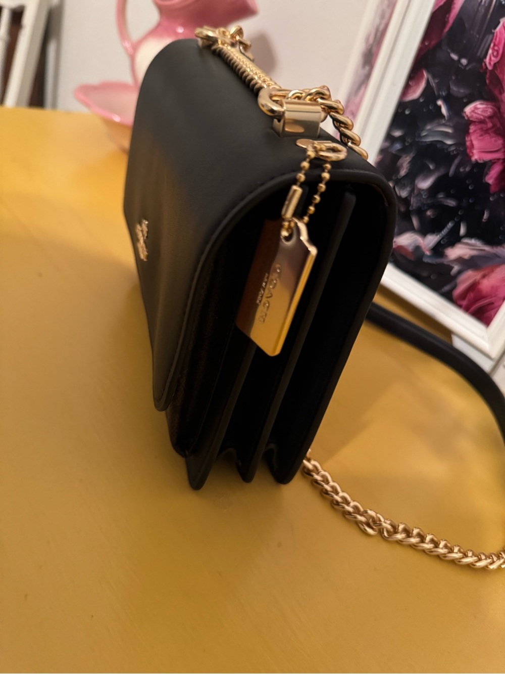 Coach Black Leather and Signature Canvas Crossbody with Gold Chain - Picture 2 of 5